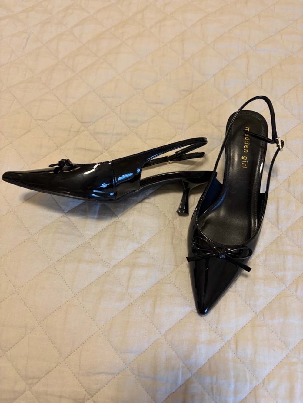 Madden Girl Black Patent Pointed Toe Slingback Pumps with Bow - Picture 2 of 5